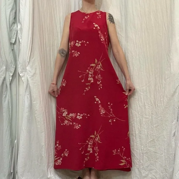 Silk Red Floral Midi Dress Vintage Jones New York Medium - Picture 4 of 8